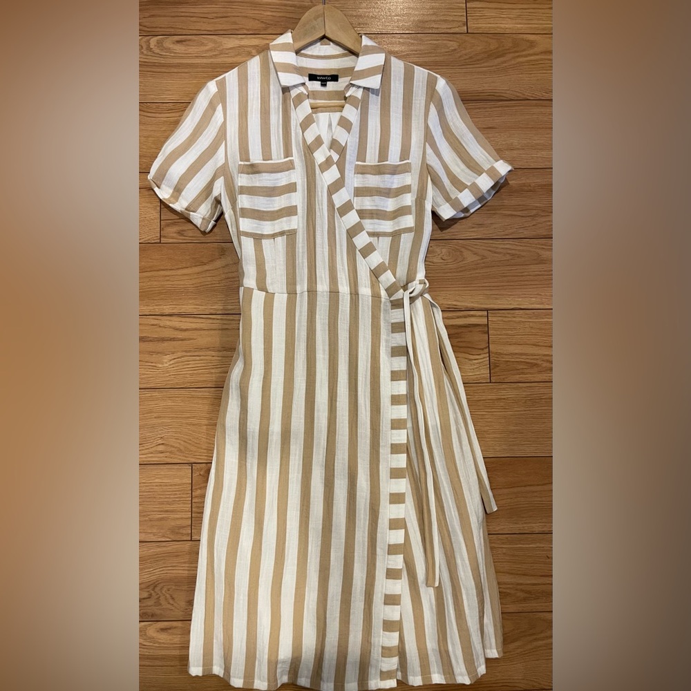 RW&CO Striped Wrap Dress in Cream and Tan XS